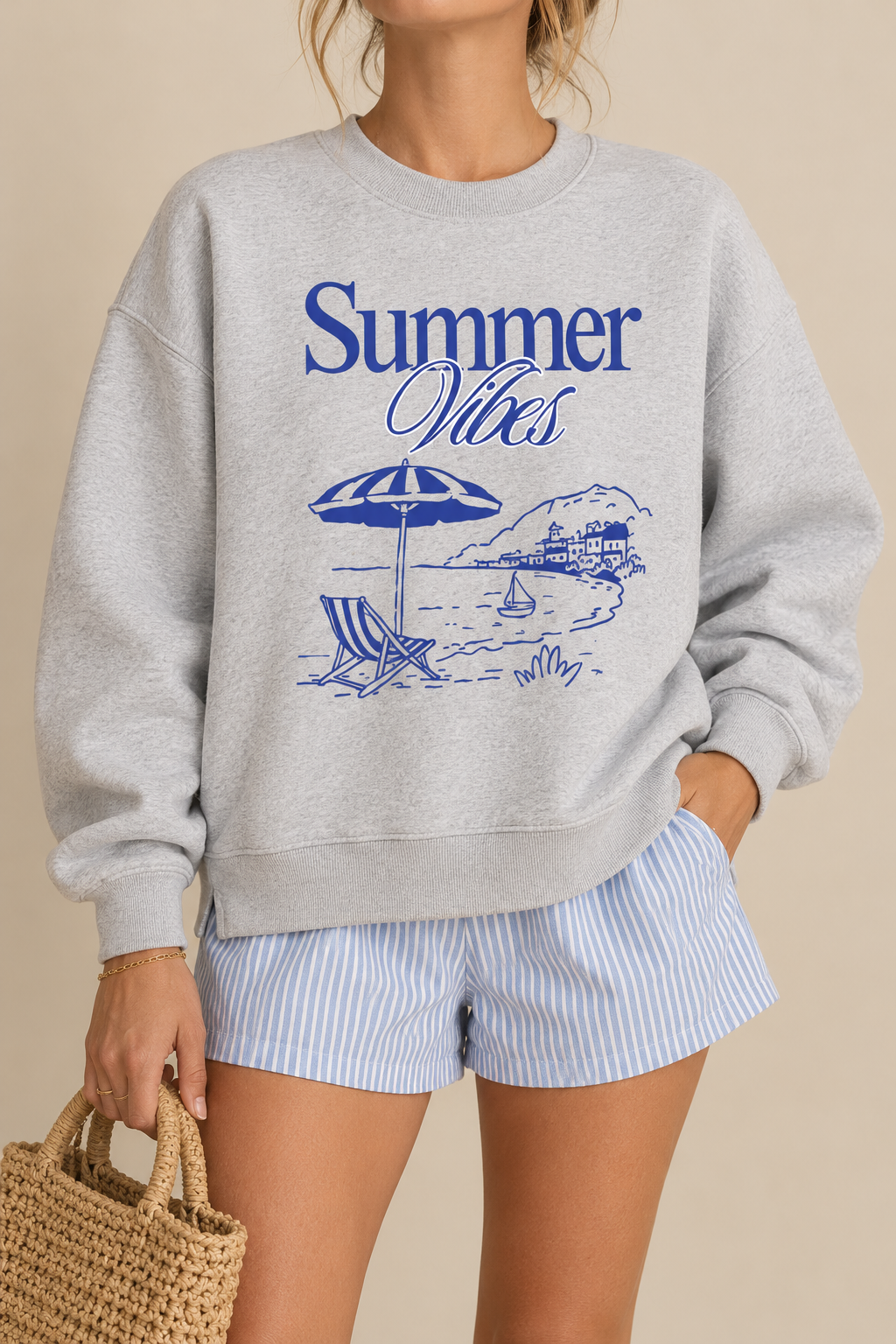 Summer Vibes Fleece Side Slit Crewneck Sweatshirt – Coastal Beach Graphic Sweatshirt