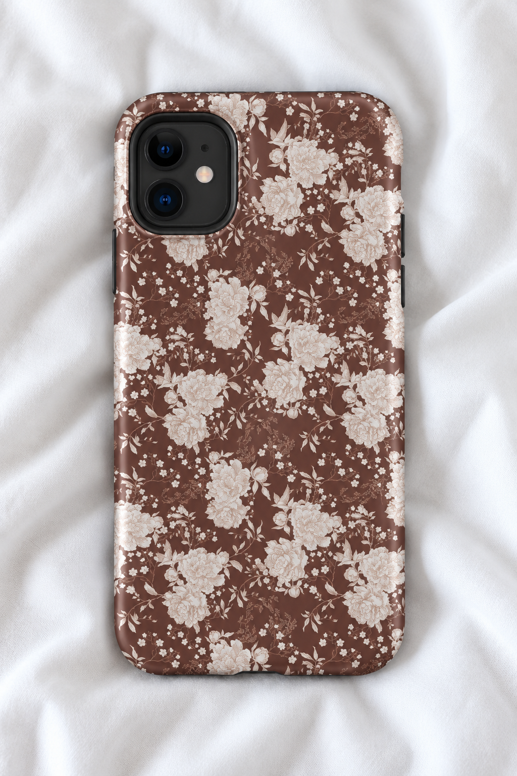 Vintage Brown Floral Tough iPhone Case – Cream Toile Botanical Flower Phone Cover