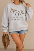Luck Follows the Brave Sweatshirt – Floral Horseshoe Graphic Fleece Crewneck