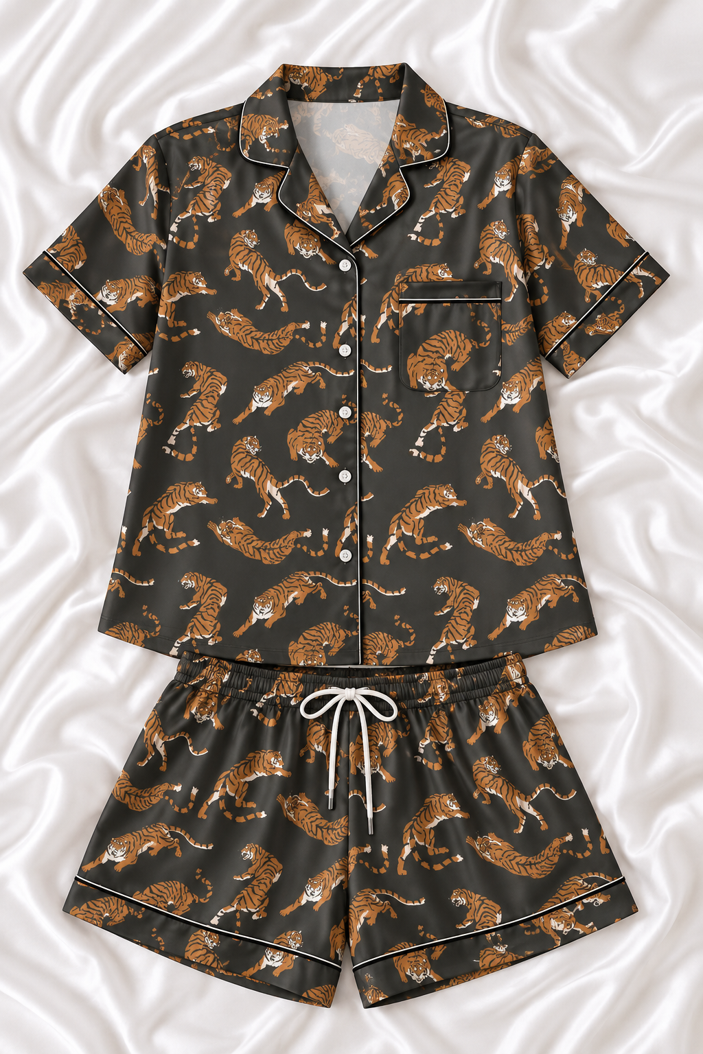 Tiger Print Satin Pajama Set – Women’s Short Sleeve Sleepwear
