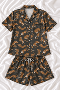 Tiger Print Satin Pajama Set – Women’s Short Sleeve Sleepwear