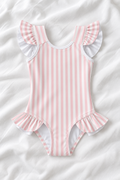 Pink Stripe Girls’ Ruffle Swimsuit – Kids Striped One Piece Swimwear