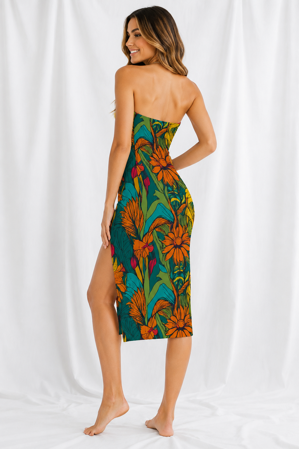 Tropical Side Split Tube Top Dress – Women’s Strapless Maxi Dress, Beach Vacation Resort Outfit