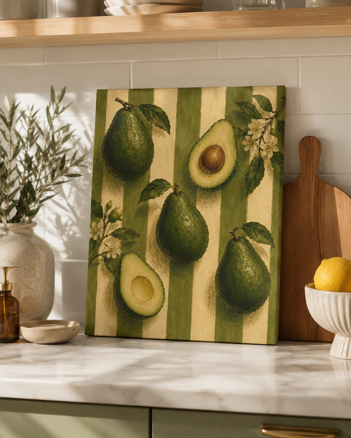 Vintage Avocado Canvas Wall Art, French Country Kitchen Decor, Botanical Fruit Artwork, Farmhouse Cottagecore Stretched Canvas