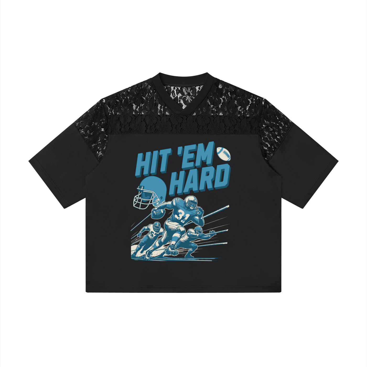 Hit 'Em Hard Lace Jersey Tee | Women's Blue & Silver Game Day Football Shirt