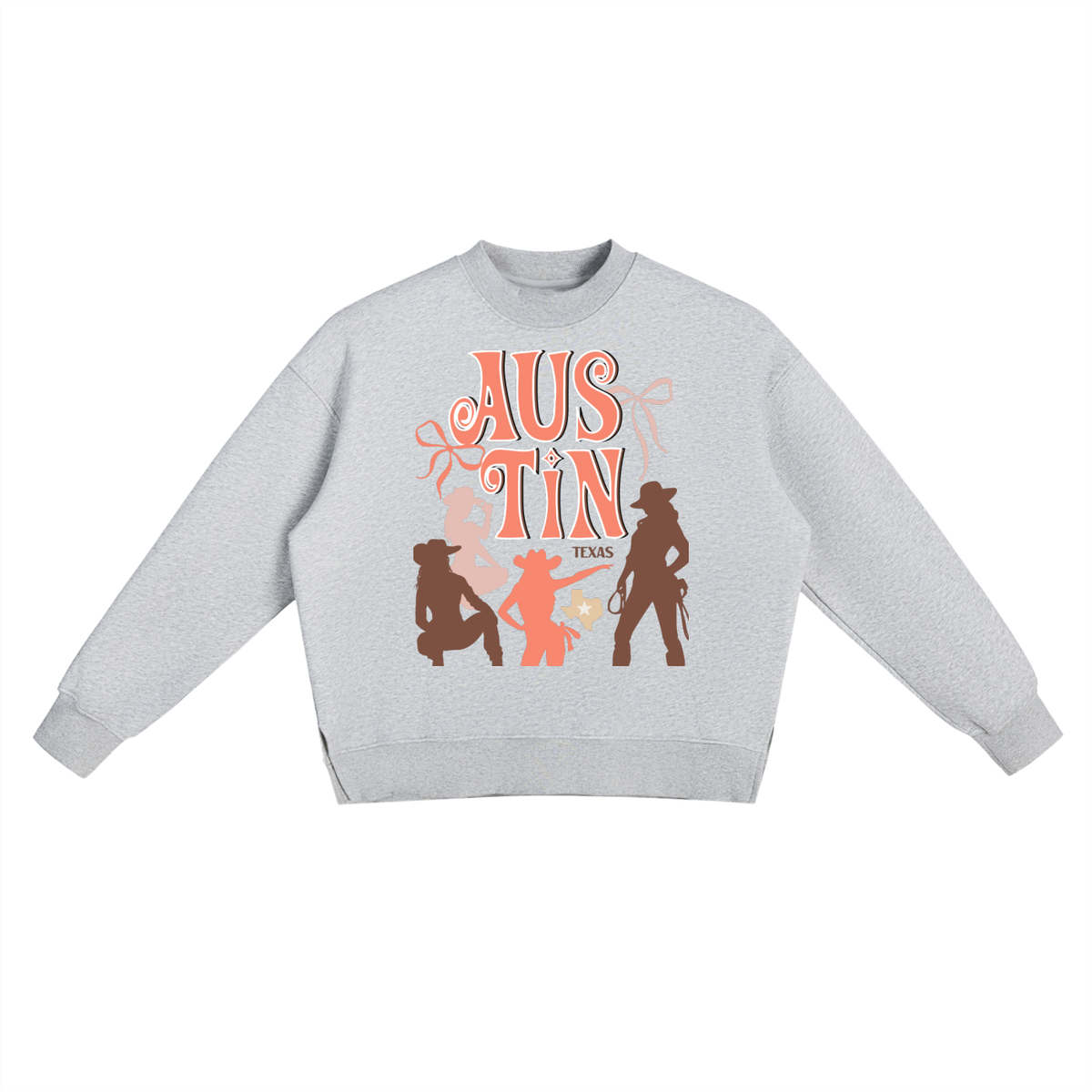 Austin Texas Cowgirl Graphic Fleece Side Slit Crewneck Sweatshirt – Western Rodeo Aesthetic