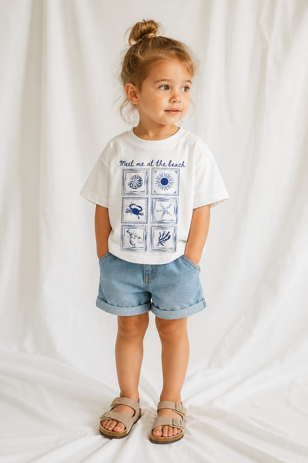 Meet Me at the Beach Toddler T-Shirt — Nautical Seashells & Sun Graphic