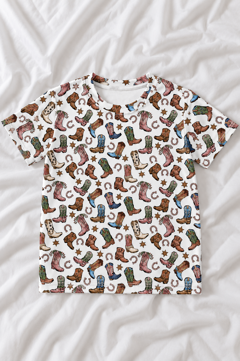 Kids Western Cowgirl Boots Crew Neck T-Shirt | Colorful Cowboy Boot Print Tee | Girls Rodeo Shirt