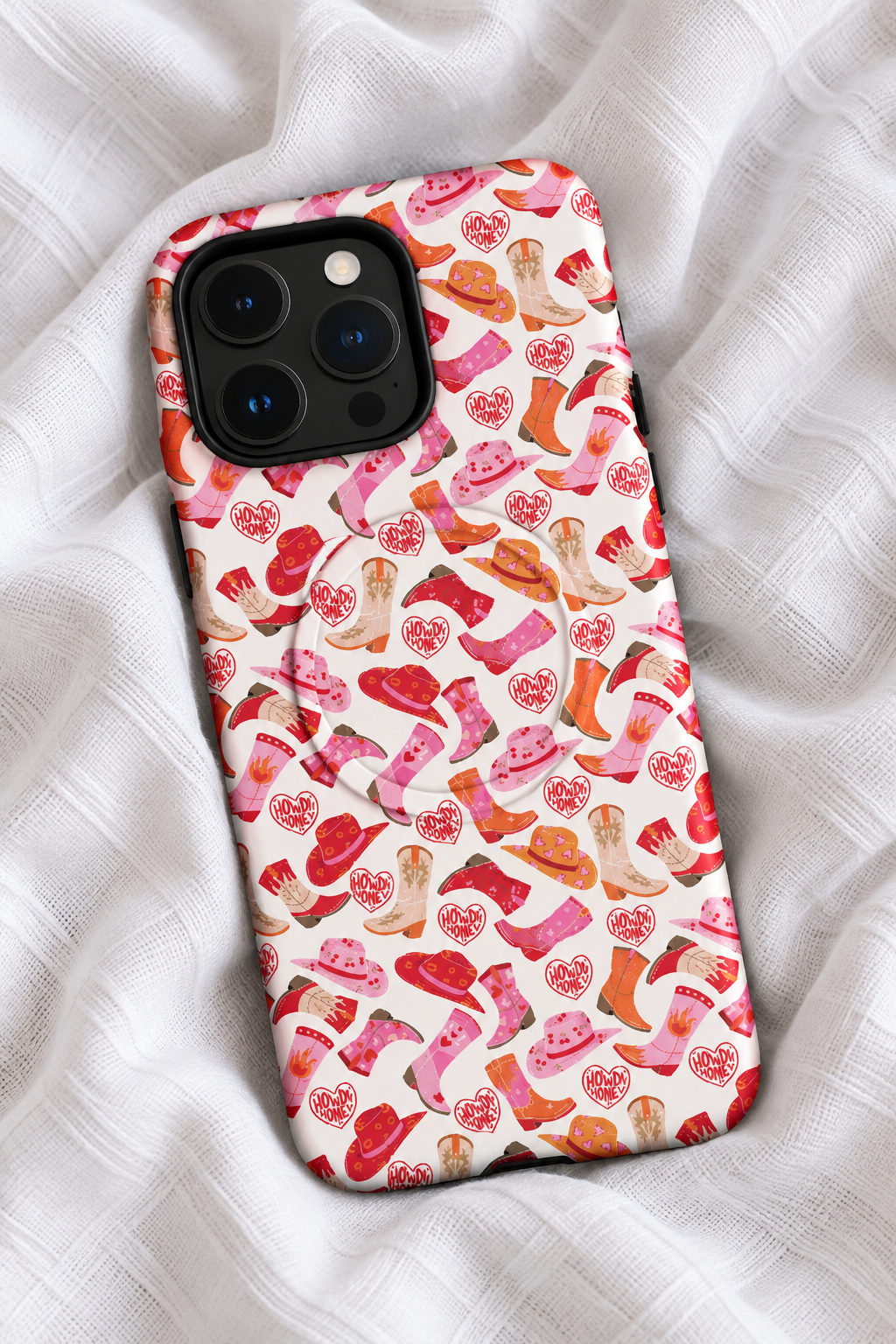 Howdy Honey Cowgirl MagSafe Tough iPhone Case | Pink & Red Western Cowboy Boots Phone Cover