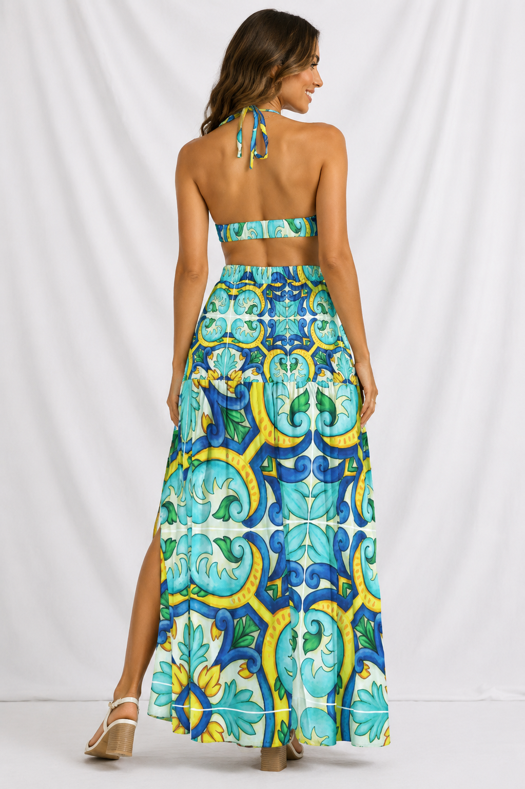 Mediterranean Tile Two Piece Dress Set – Women’s Halter Top & Skirt, Backless Summer Outfit