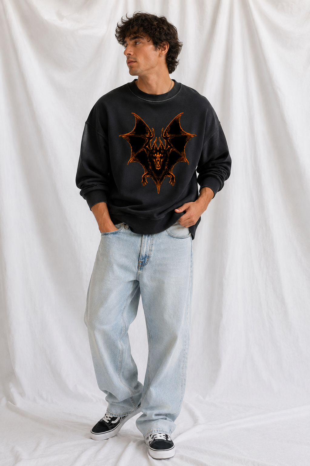 Vintage Wash Gothic Bat Graphic Unisex Crewneck Sweatshirt