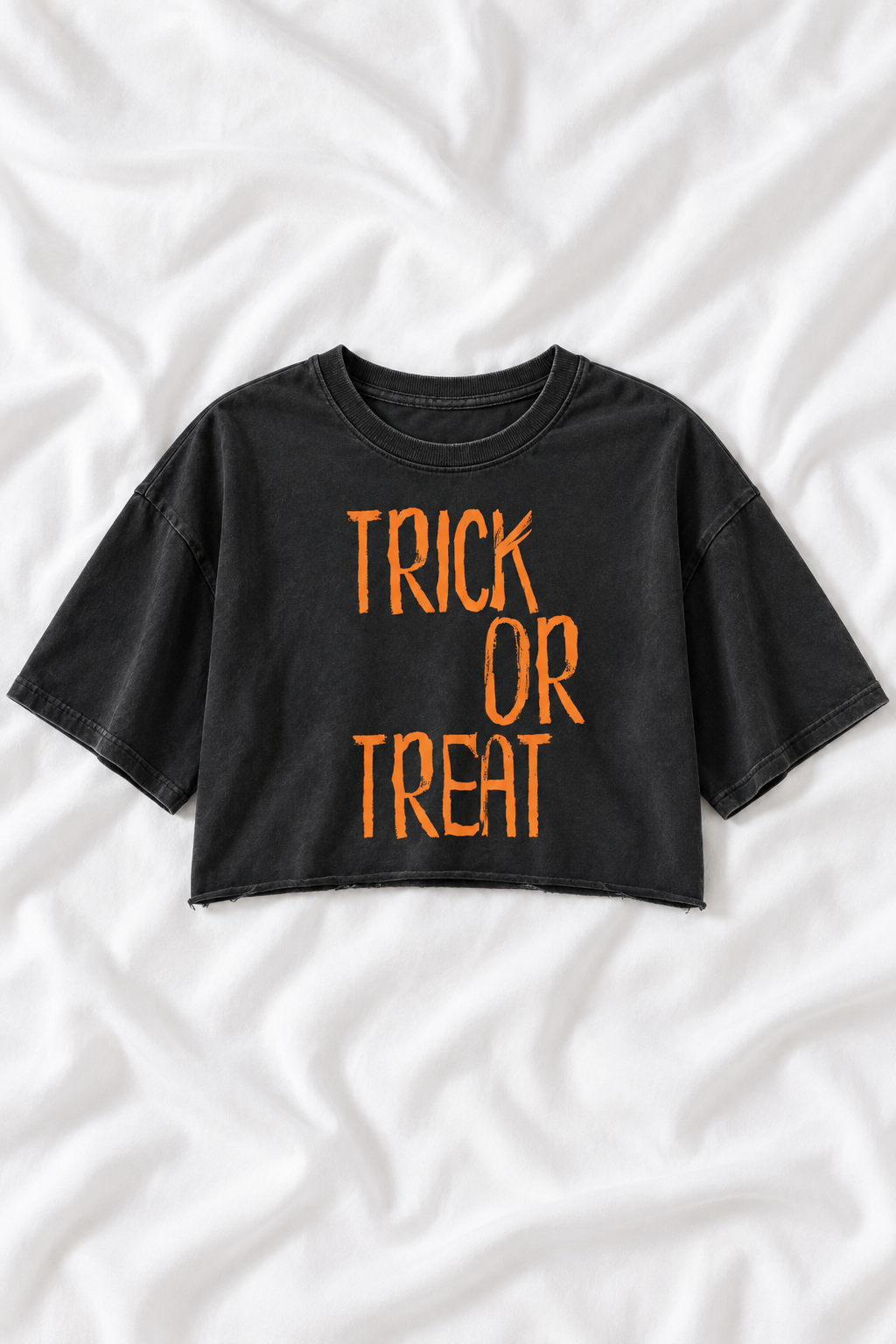 Trick or Treat Snow Washed Raw Edge Halloween Crop Top
