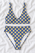 Amalfi Lemon High-Waisted Bikini Set | Blue Striped Citrus Print Two-Piece Swimsuit | Italian Summer Swimwear