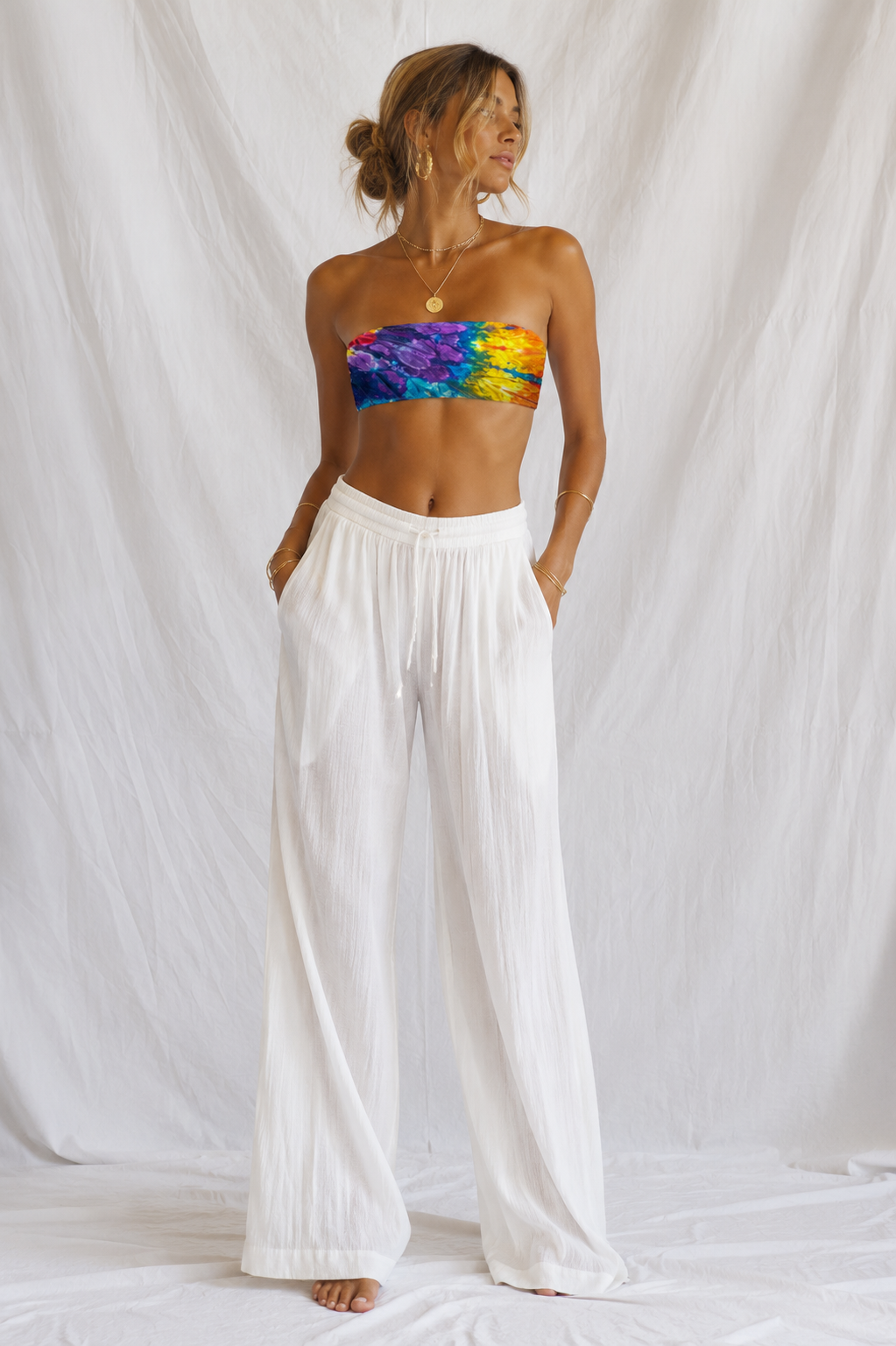 Women's Retro Tie-Dye Bandeau Bikini Top | Festival Strapless Swim Top
