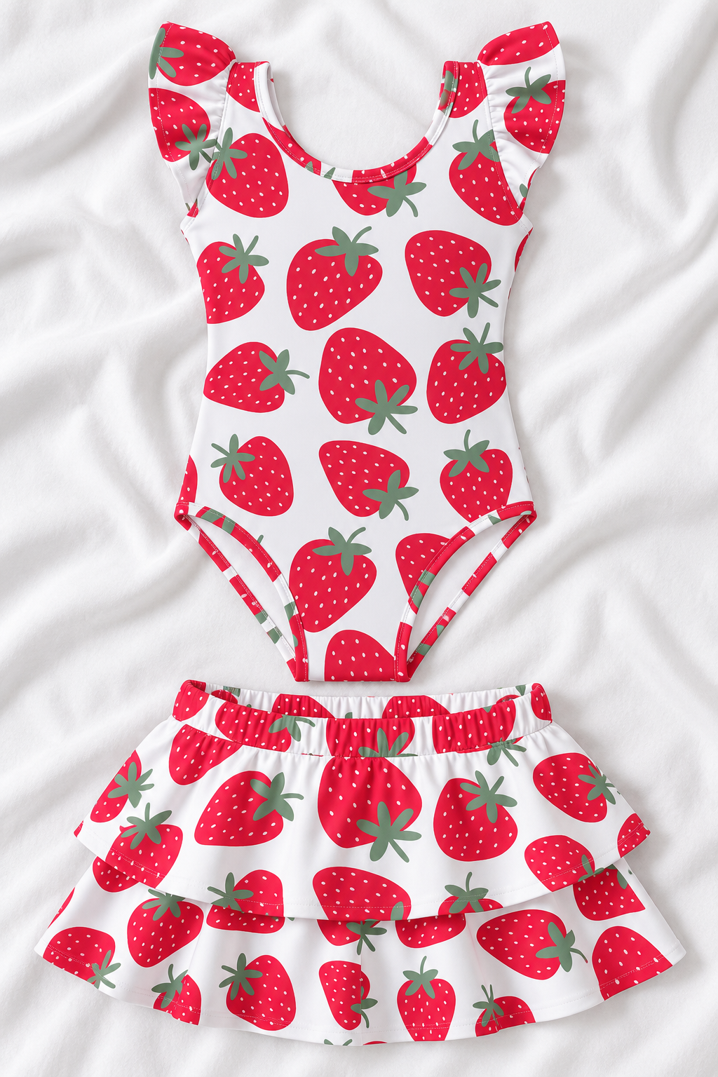 Strawberry Girls’ Ruffle Swimsuit & Skirt Set – Kids Summer Swimwear