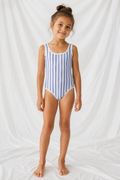 Little Kids Blue Stripe One Piece Swimsuit | Classic Coastal Summer Bathing Suit