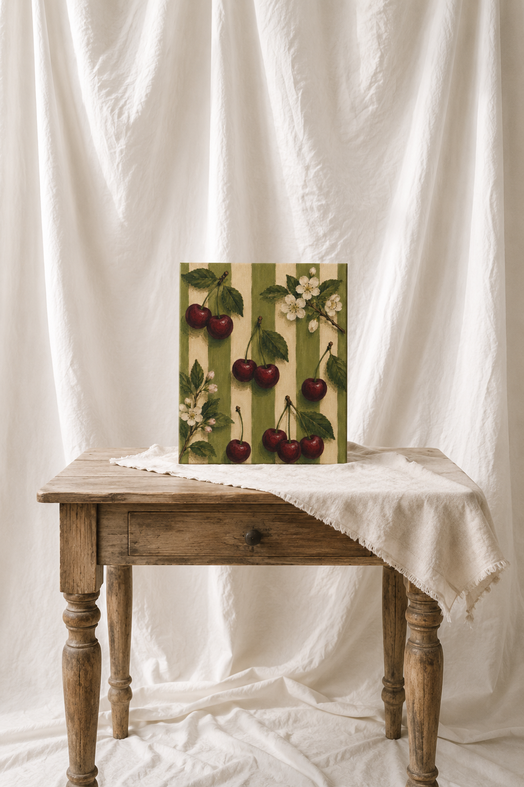 Vintage Cherry Canvas Wall Art, French Country Kitchen Decor, Botanical Fruit Artwork, Farmhouse Cottagecore Stretched Canvas