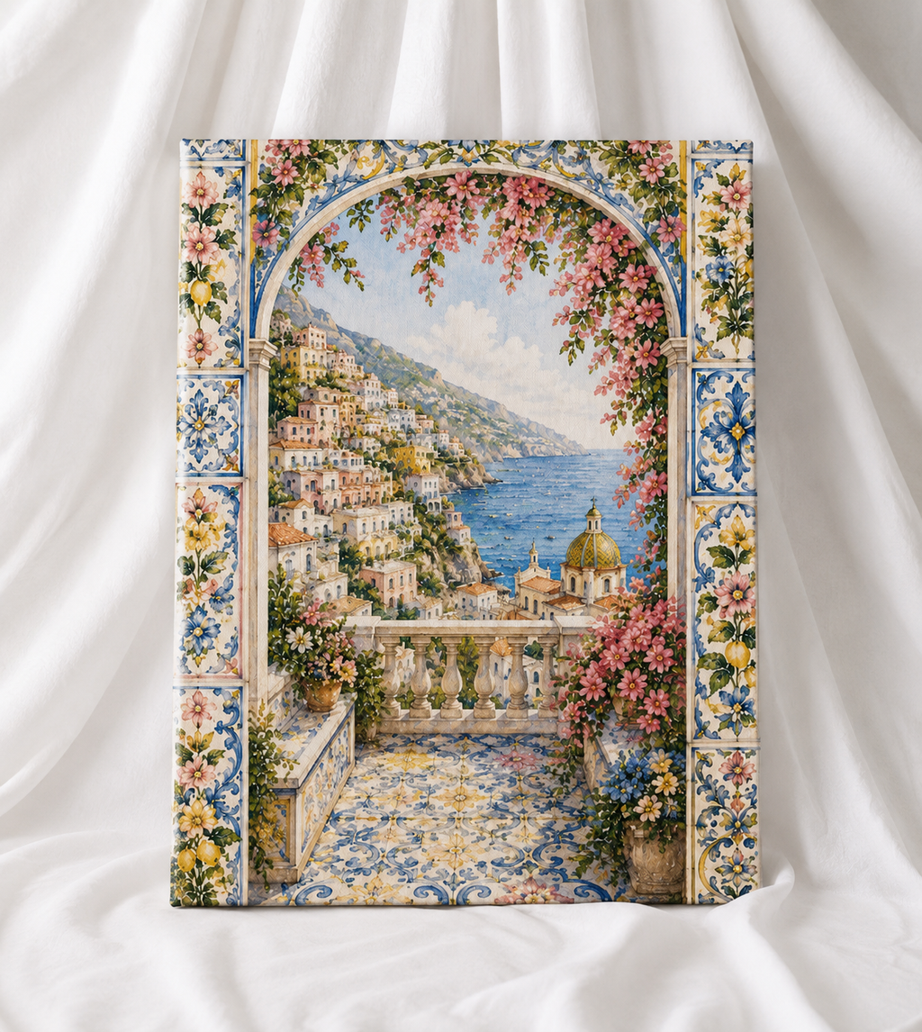 Amalfi Coast Terrace Canvas Wall Art | Mediterranean Coastal Landscape | Stretched Canvas Print
