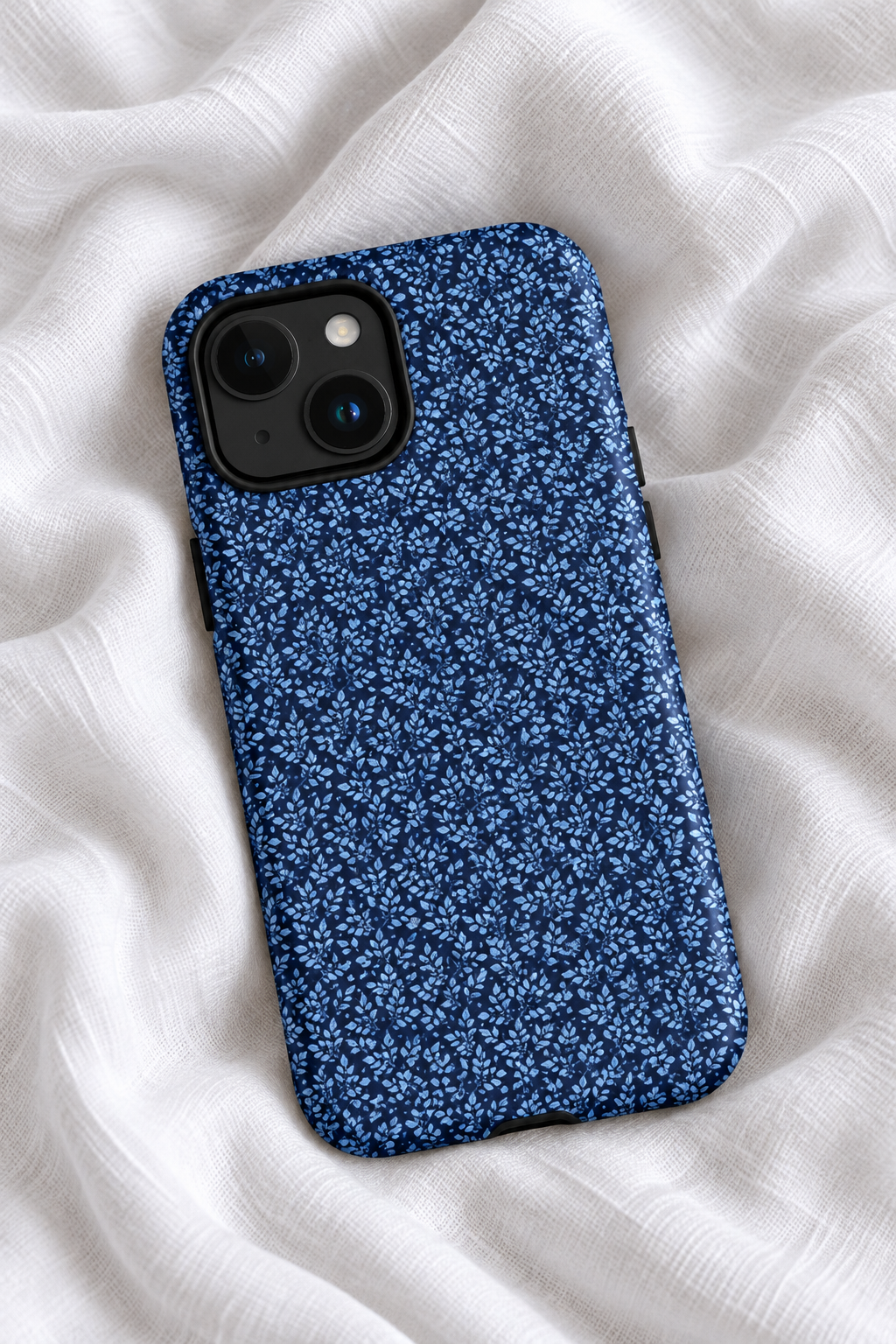 Navy Blue Floral MagSafe Tough iPhone Case | Dainty Blue Botanical Leaf Phone Cover