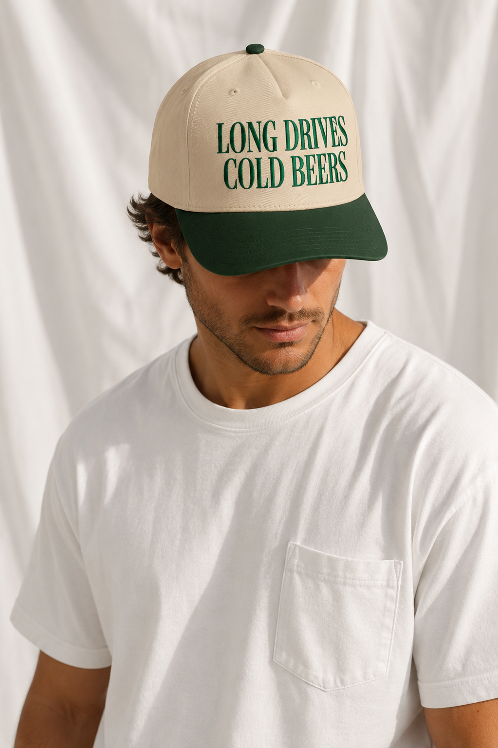 Long Drives & Cold Beer Embroidered 5-Panel Cap | Adjustable Mid-Profile Snapback Hat