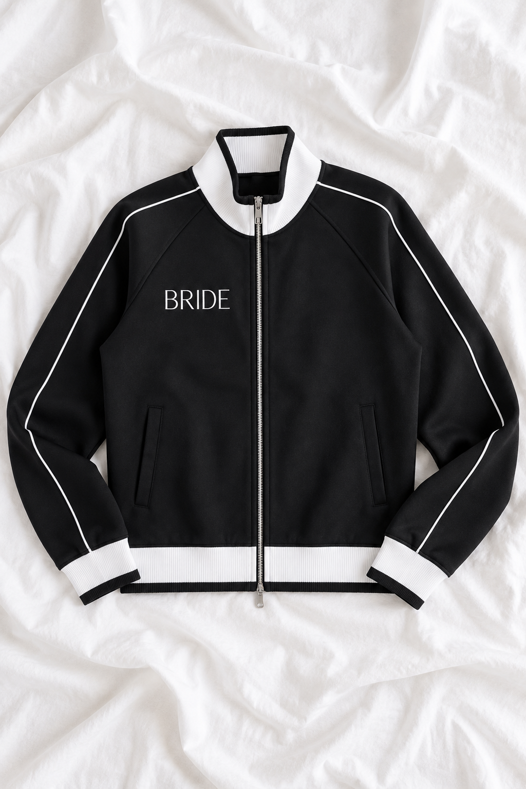 Bride Color Block Zip-Up Track Jacket – Black & White Bridal Raglan Sweatshirt
