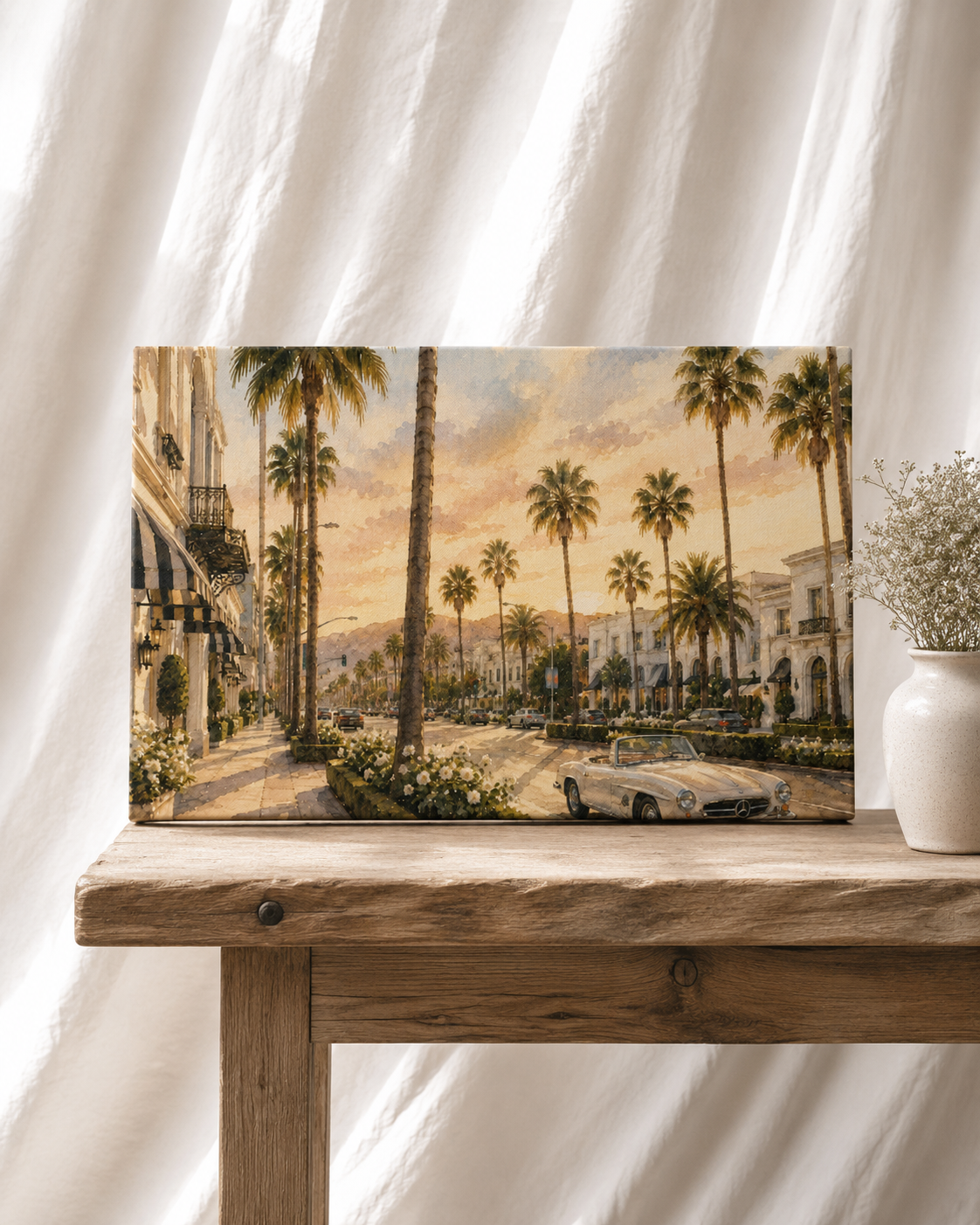 Beverly Hills Sunset Canvas Wall Art | Palm Tree Boulevard Landscape | Stretched Canvas Print
