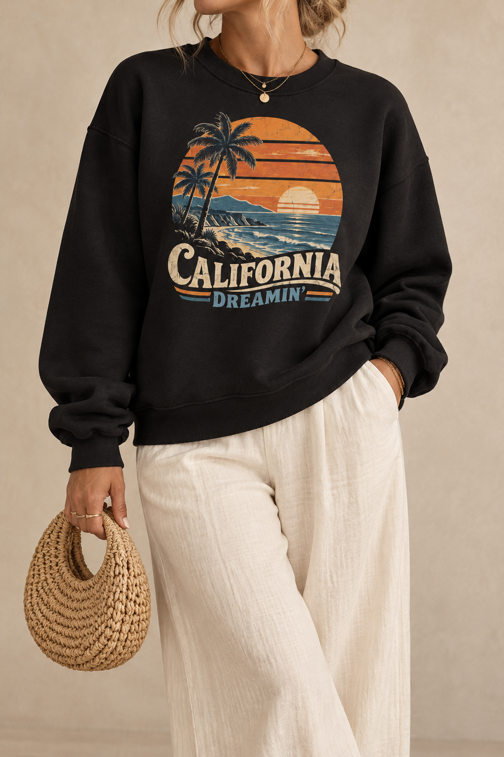 California Dreamin' Sweatshirt – Vintage Coastal Sunset Graphic Fleece Crewneck