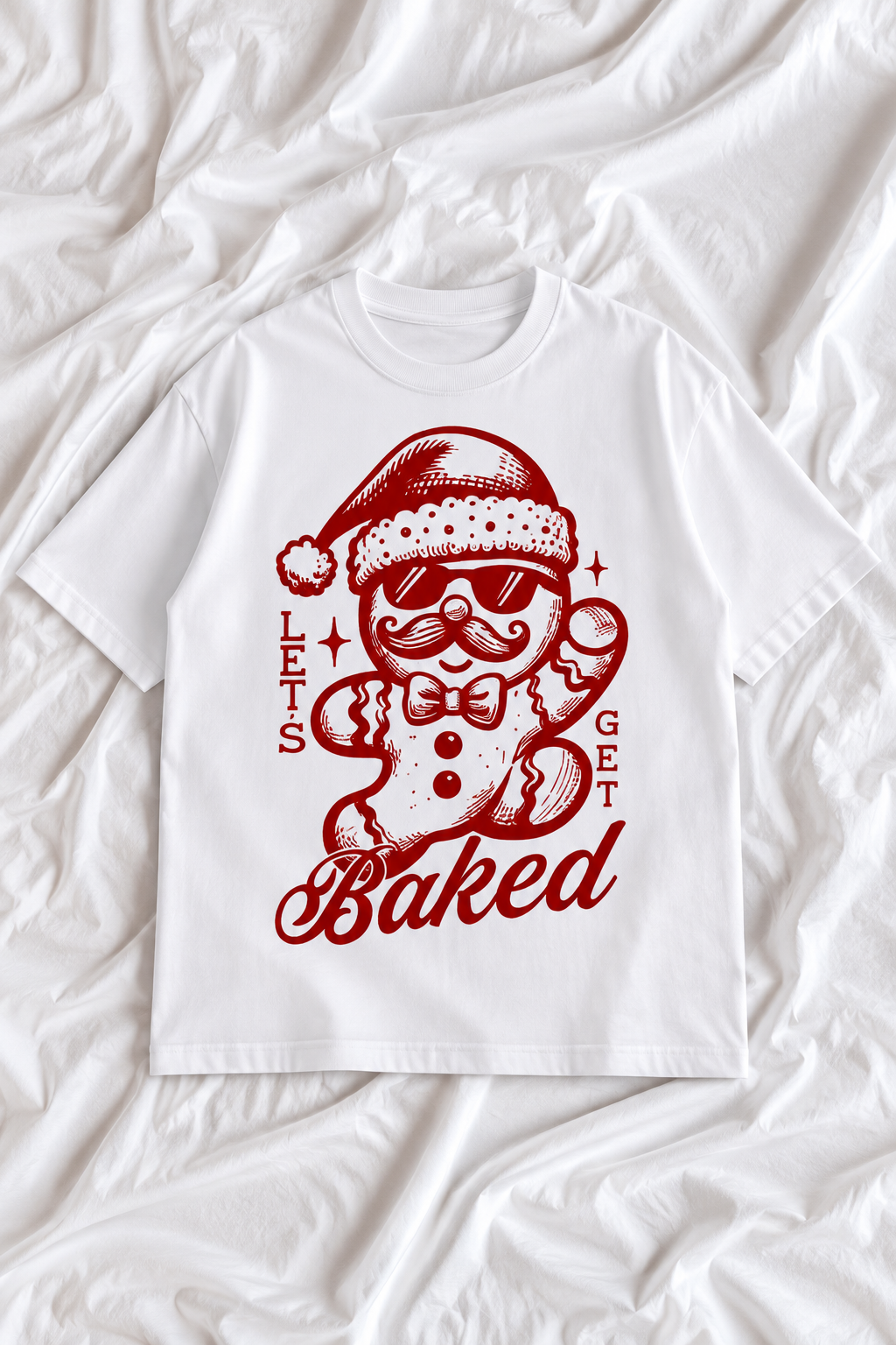 Let's Get Baked Christmas T-Shirt | Funny Gingerbread Man Graphic Tee | Retro Holiday Humor Unisex Shirt