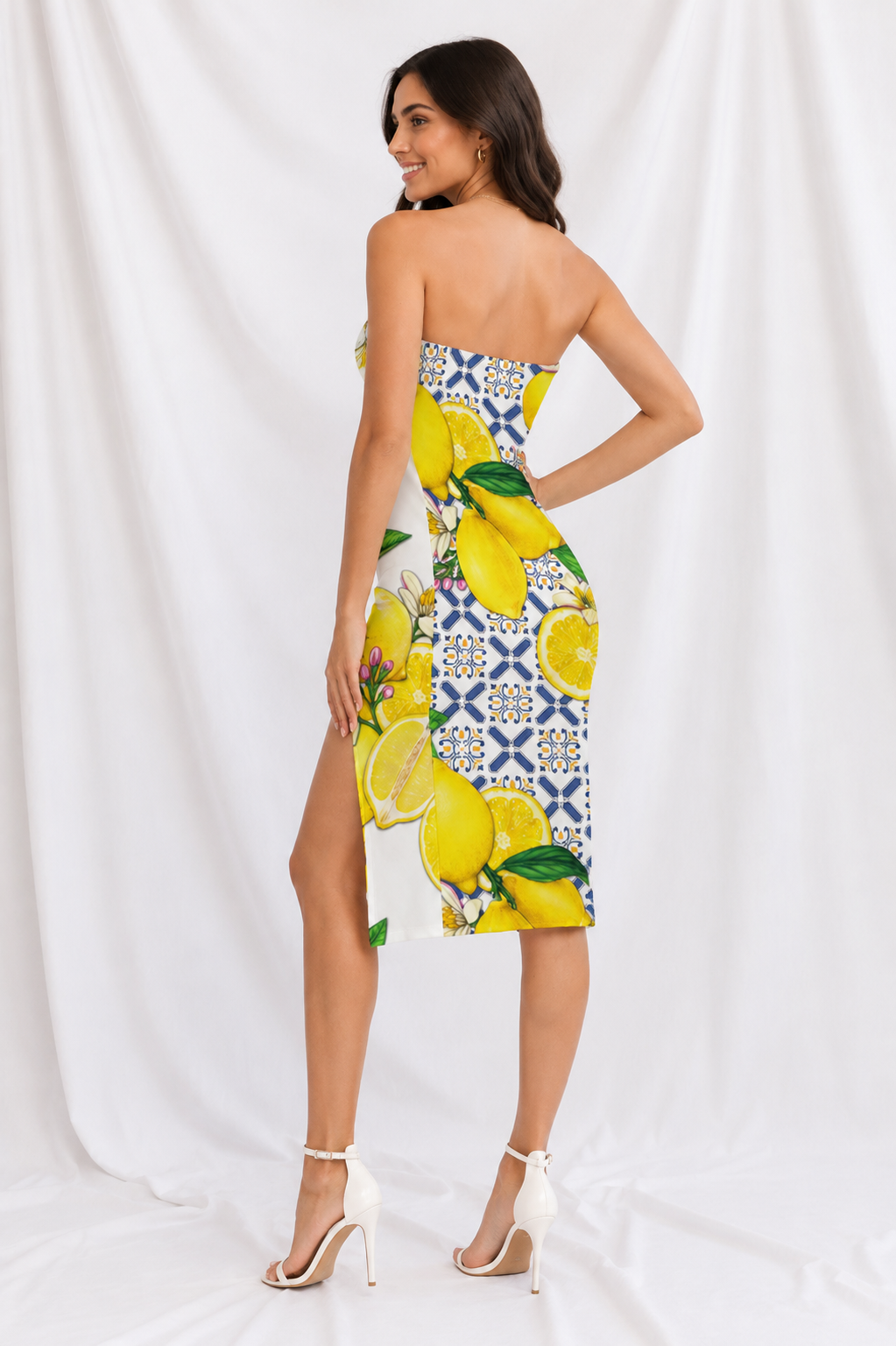 Lemon Print Side Split Tube Top Dress – Women’s Strapless Maxi Dress, Mediterranean Vacation Outfit