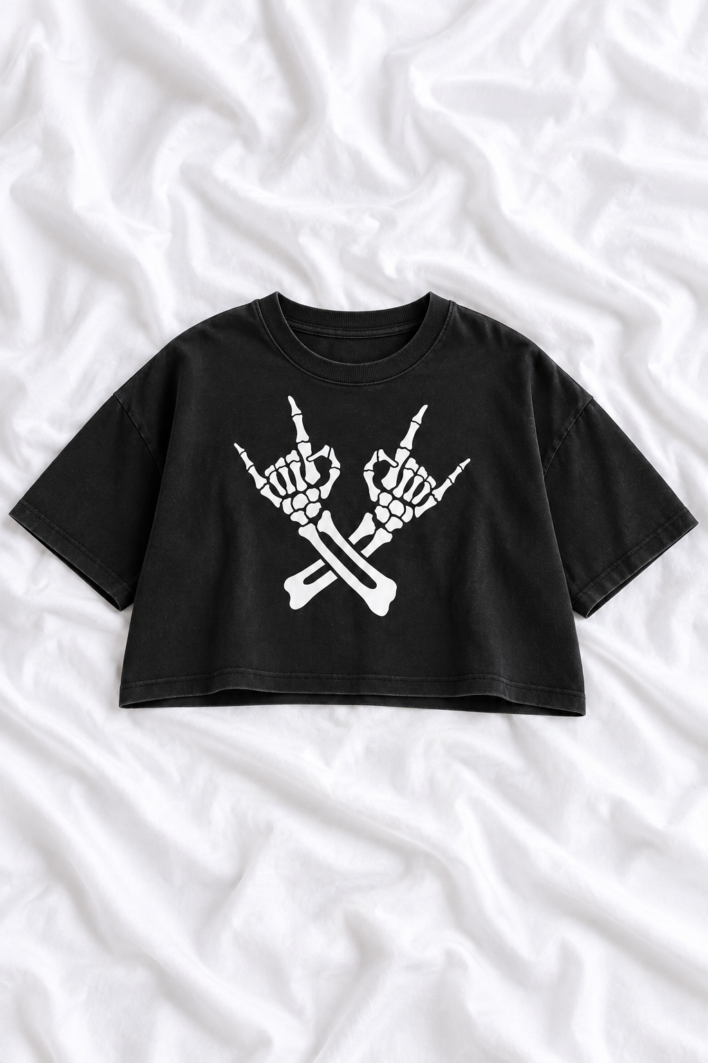 Skeleton Rock Hands Snow Washed Raw Edge Crop Top