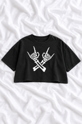 Skeleton Rock Hands Snow Washed Raw Edge Crop Top