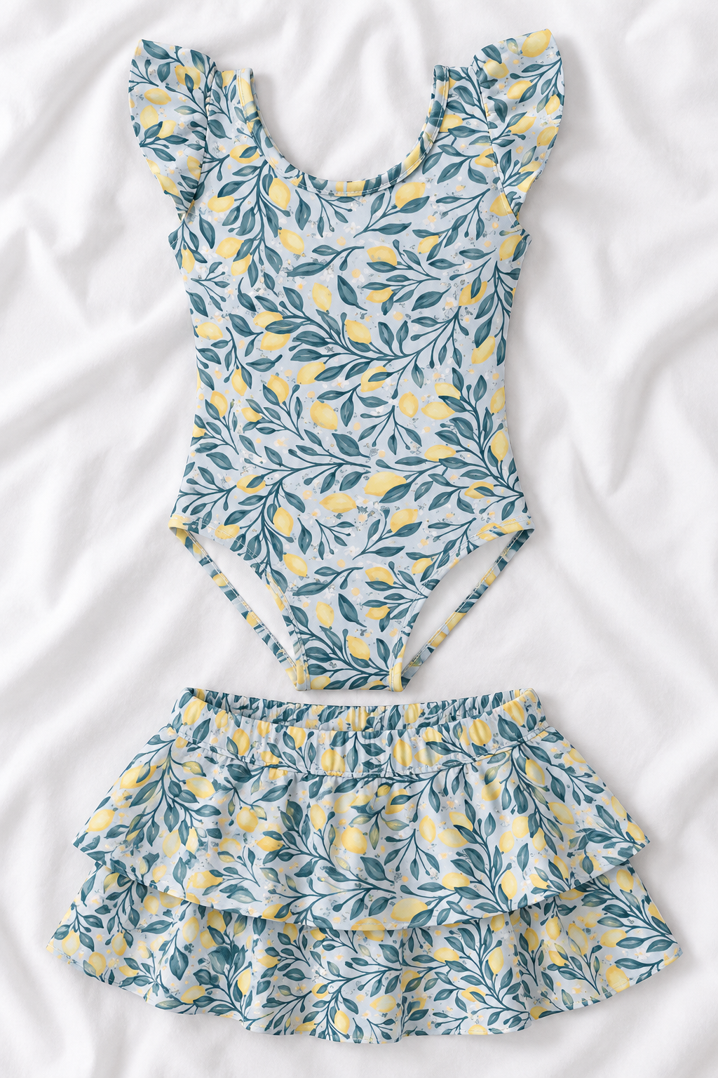 Lemon Floral Girls’ Ruffle Swimsuit & Skirt Set – Kids Summer Swimwear