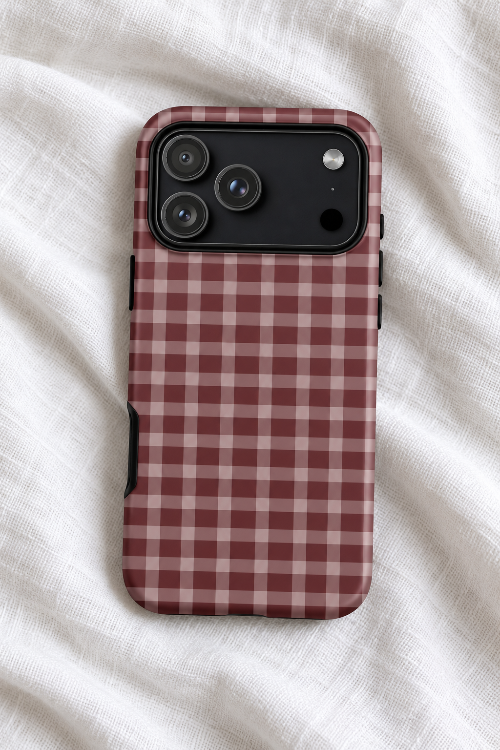 Burgundy Gingham Tough iPhone Case – Wine Red & Dusty Pink Checkered Phone Cover