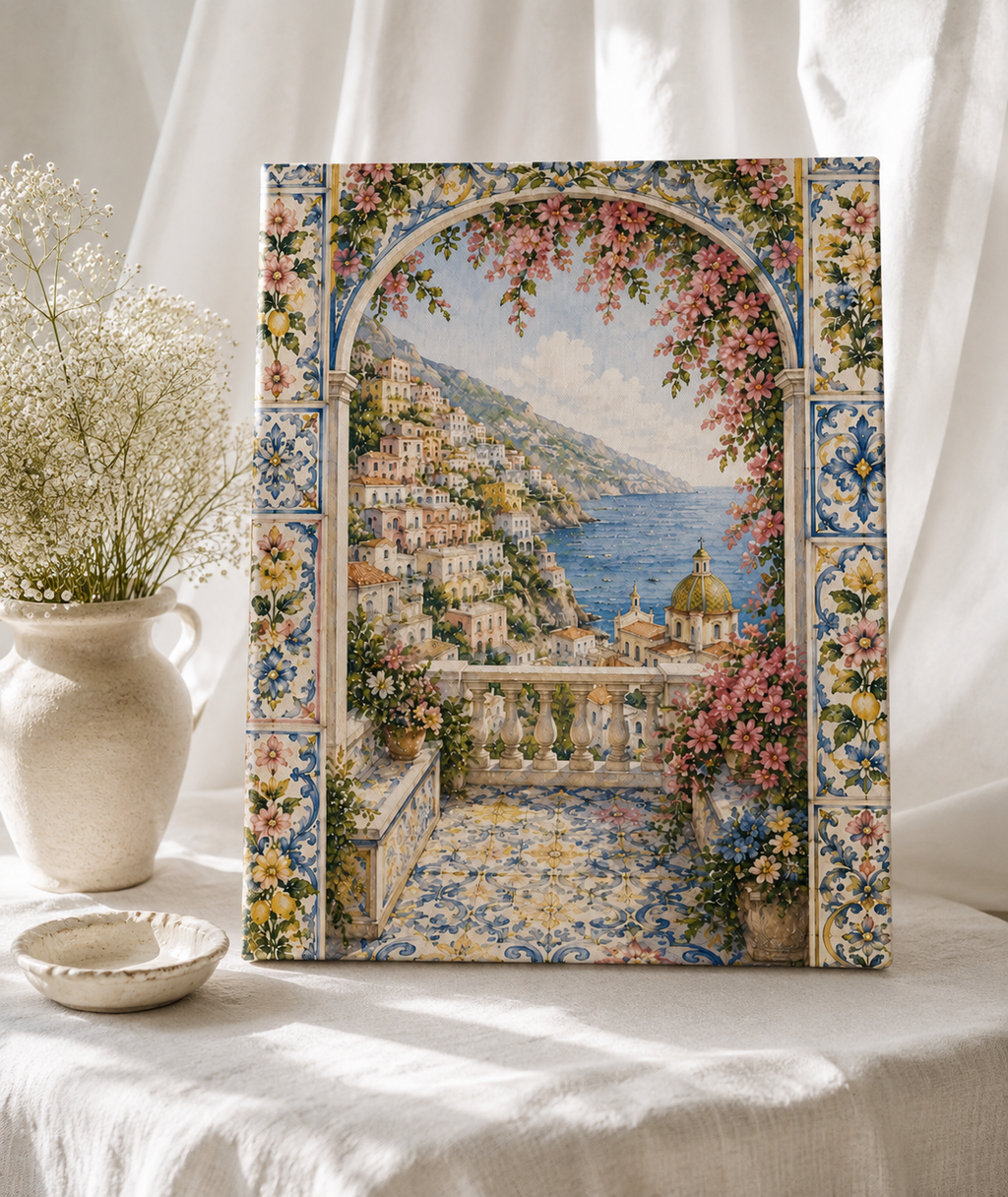 Amalfi Coast Terrace Canvas Wall Art | Mediterranean Coastal Landscape | Stretched Canvas Print