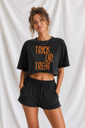Trick or Treat Snow Washed Raw Edge Halloween Crop Top