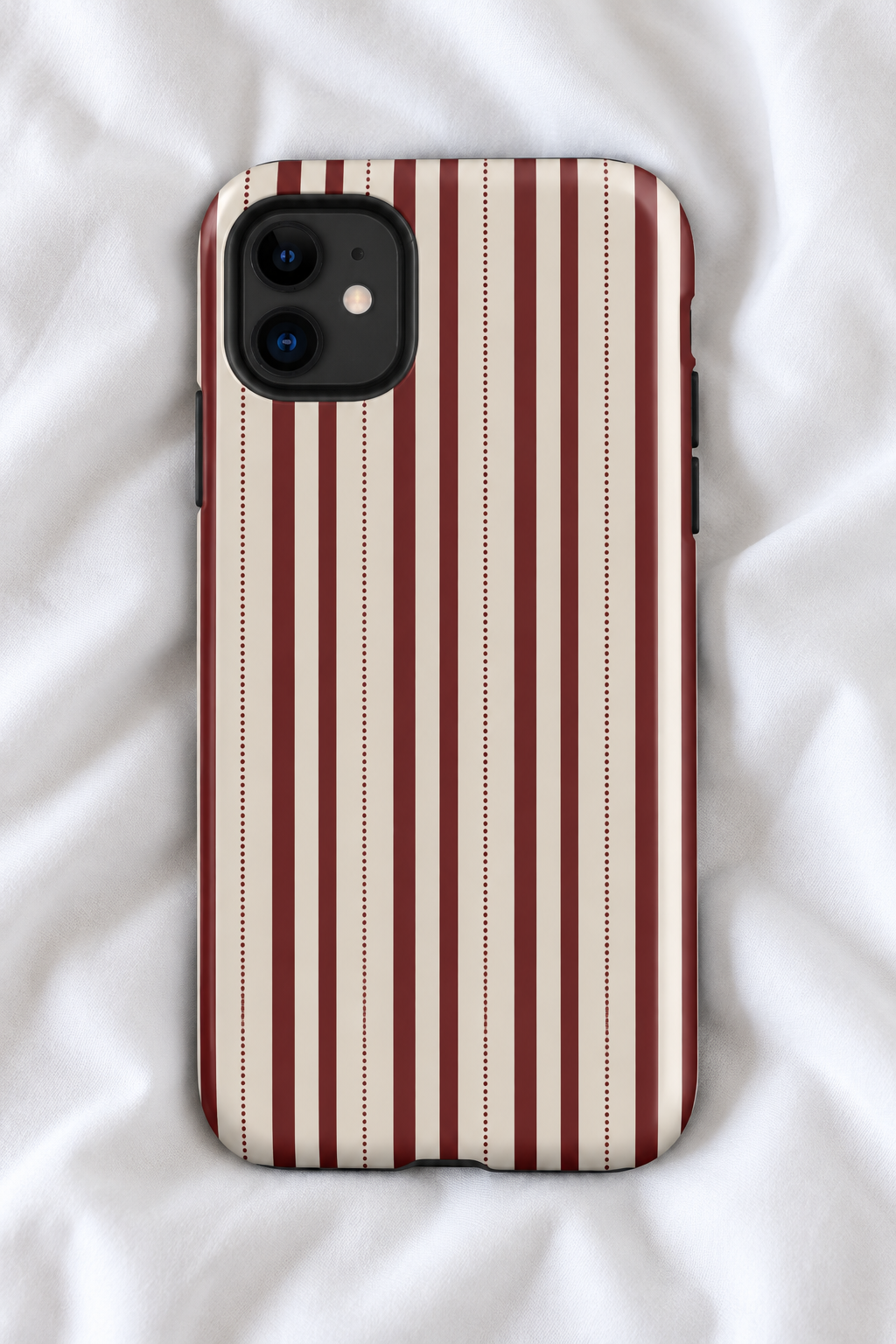 Burgundy & Cream Striped Tough iPhone Case – Vintage Dotted Pinstripe Phone Cover