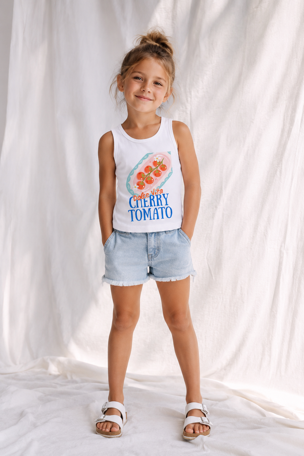 Kid Tank — "Dolce Vita Cherry Tomato" Graphic Jersey Tank Top for Kids