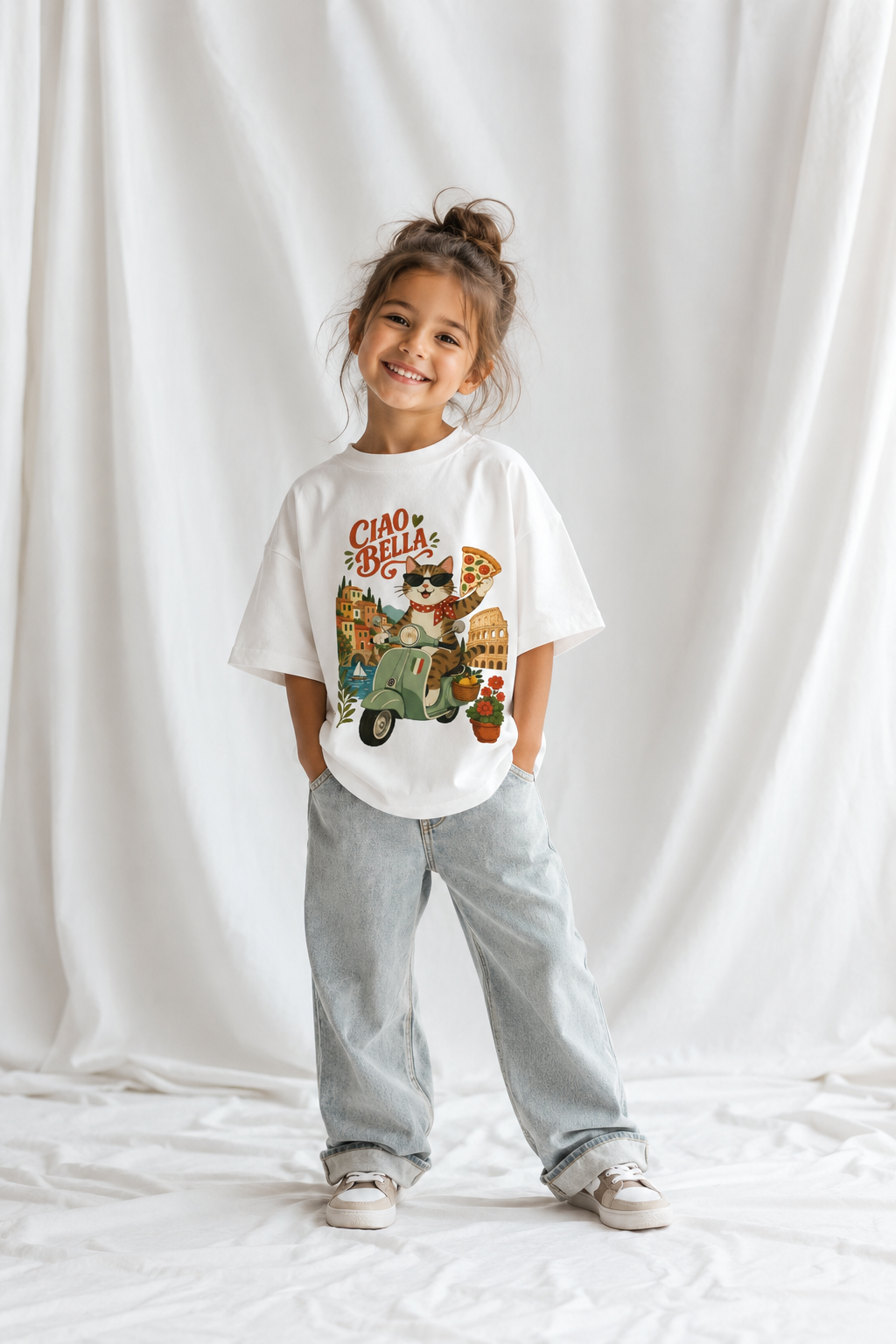Youth T-Shirt — Ciao Bella Pizza Scooter Cat Graphic