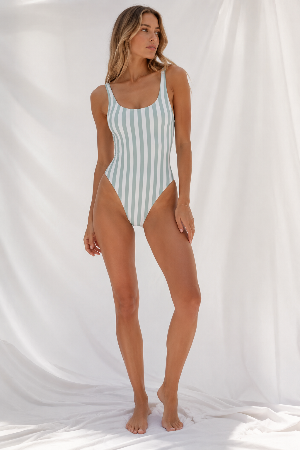 Women's Muted Green Stripe One-Piece Swimsuit | Classic Coastal Swimwear