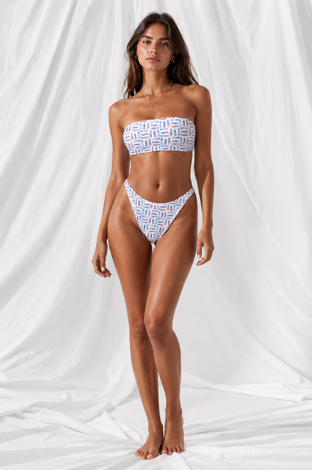 Women's Coastal Fish Bandeau Bikini Set | V-Cut High Leg Two-Piece Swimsuit