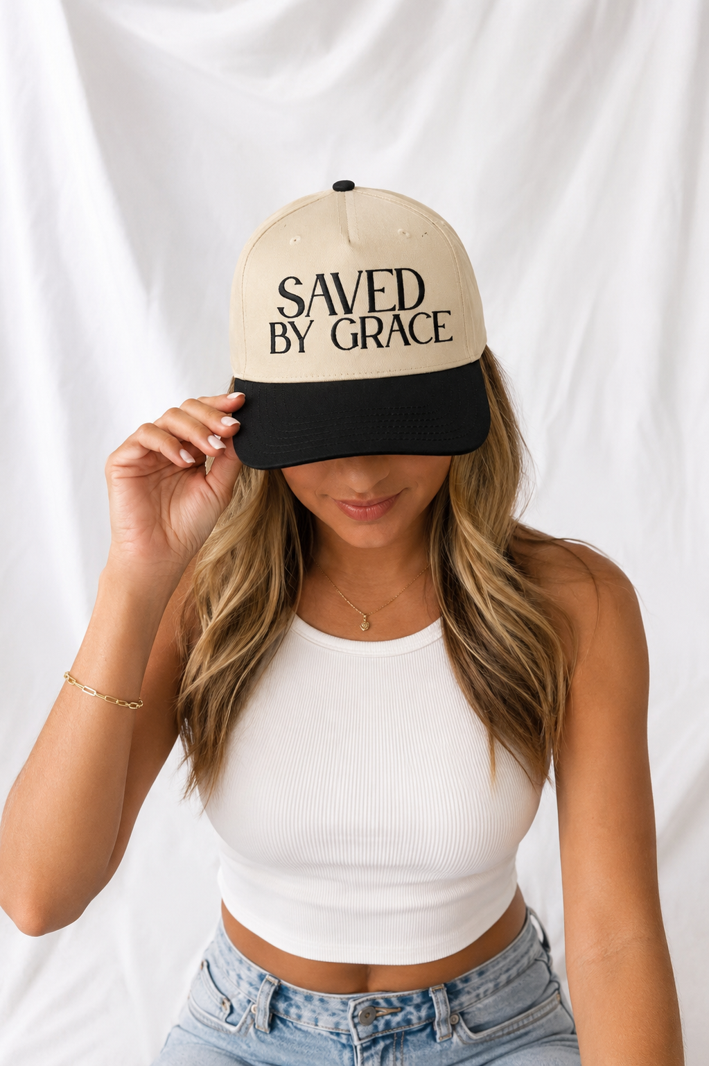 Saved by Grace Embroidered 5-Panel Cap | Adjustable Mid-Profile Snapback Hat