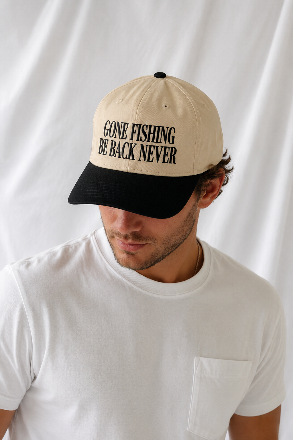 Gone Fishing, Be Back Never Embroidered 5-Panel Cap | Adjustable Mid-Profile Snapback Hat