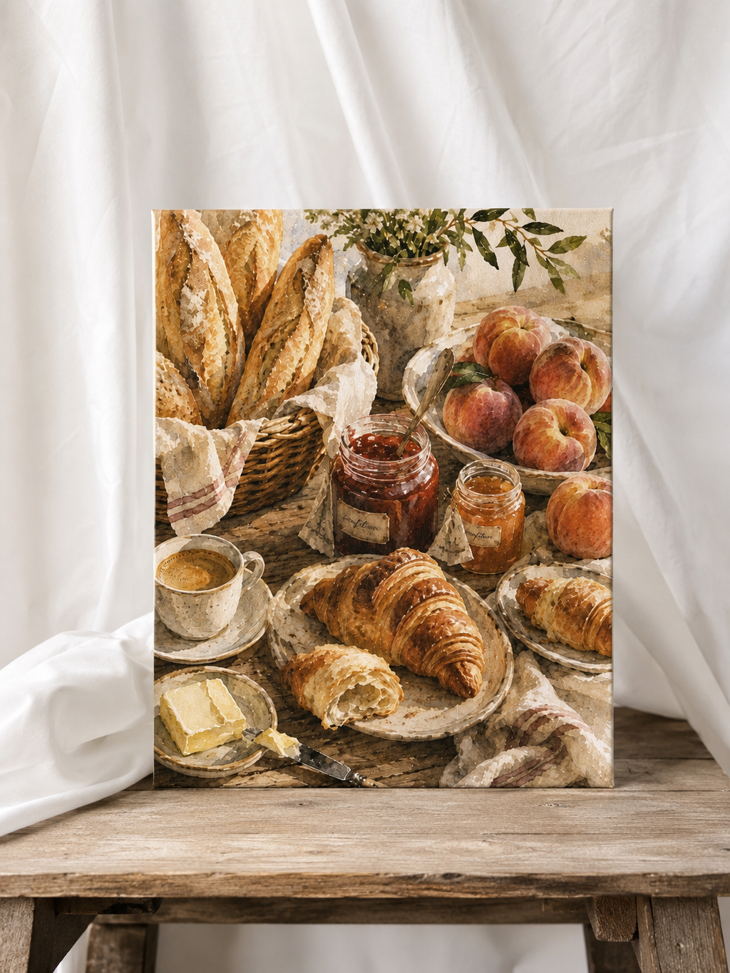 French Bakery Breakfast Canvas Wall Art | Rustic Café Still Life | Stretched Canvas Print