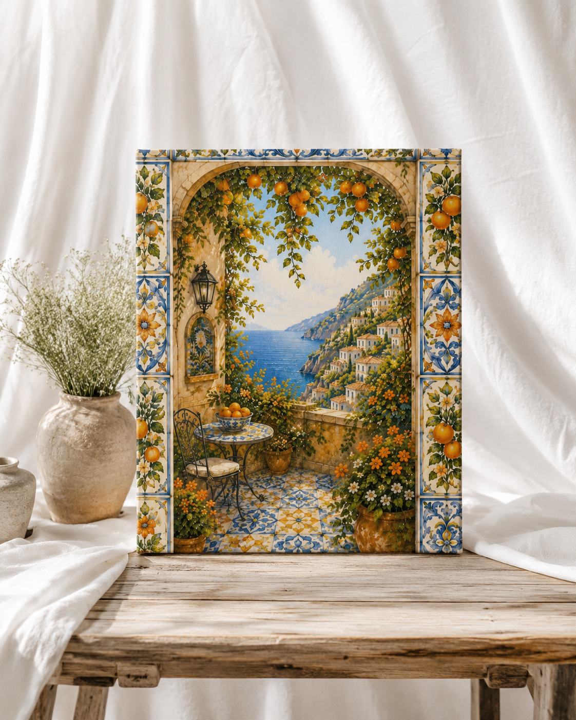 Amalfi Orange Grove Canvas Wall Art | Mediterranean Coastal Terrace | Stretched Canvas Print
