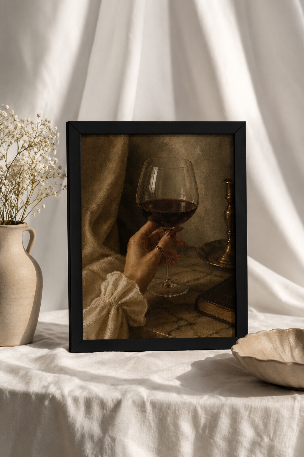 Red Wine & Candlelight Framed Print | Elegant Wine Wall Art | Ayous Wood Frame
