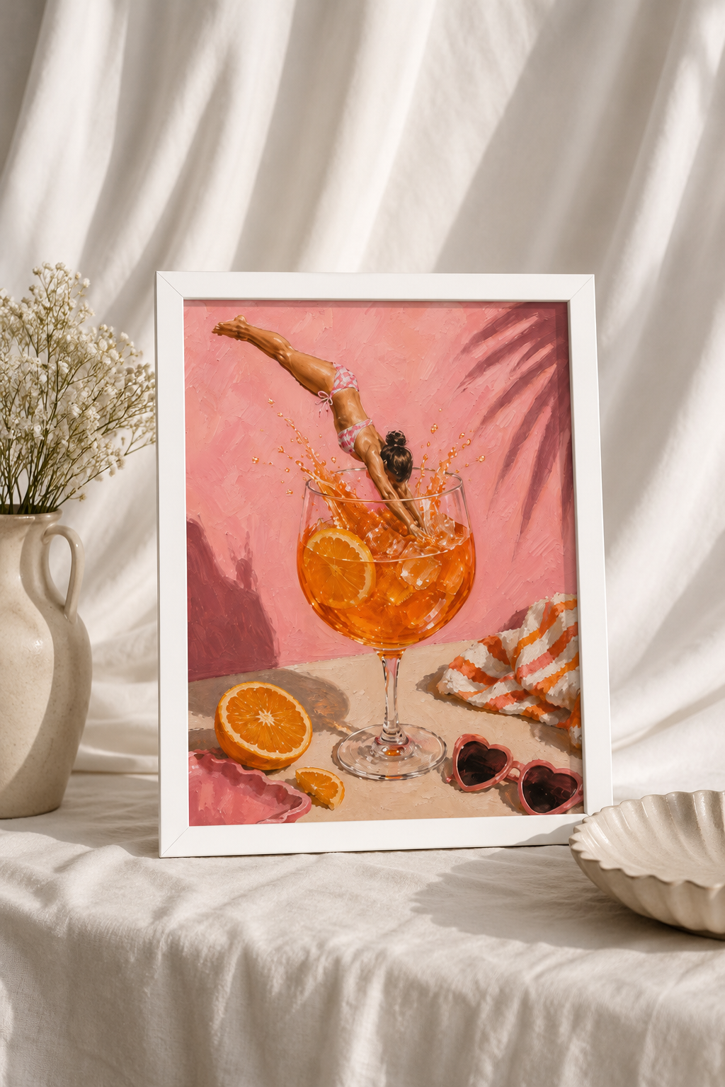 Girl Diving Into Spritz Framed Print | Fun Cocktail Wall Art | Ayous Wood Frame