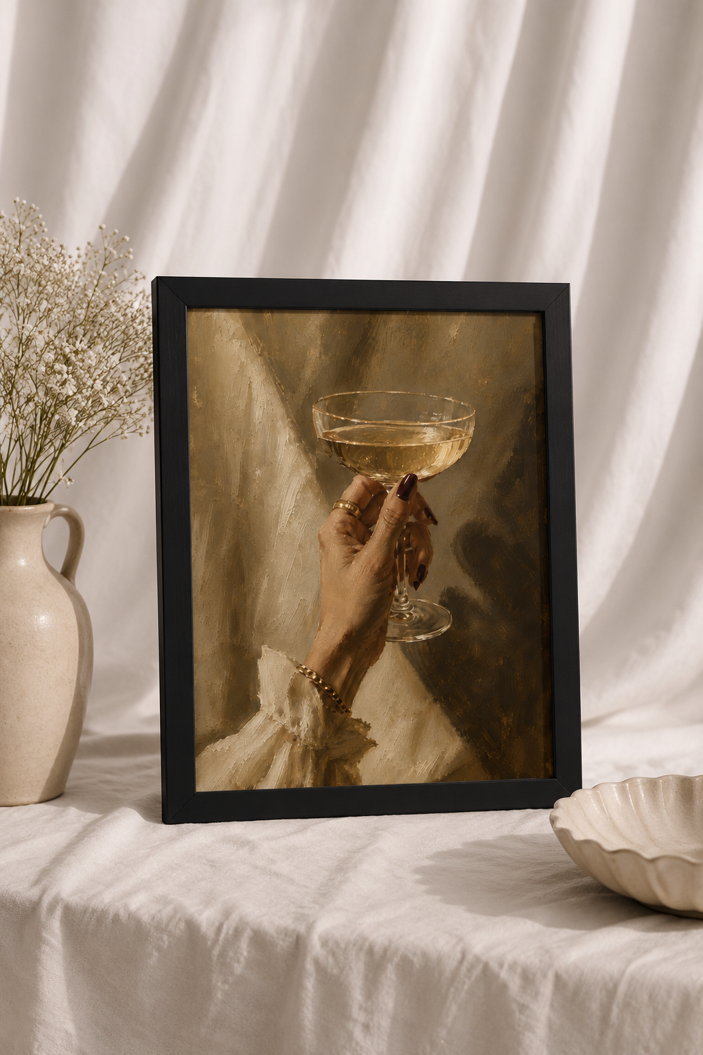 Champagne Toast Framed Print | Elegant Cocktail Wall Art | Ayous Wood Frame