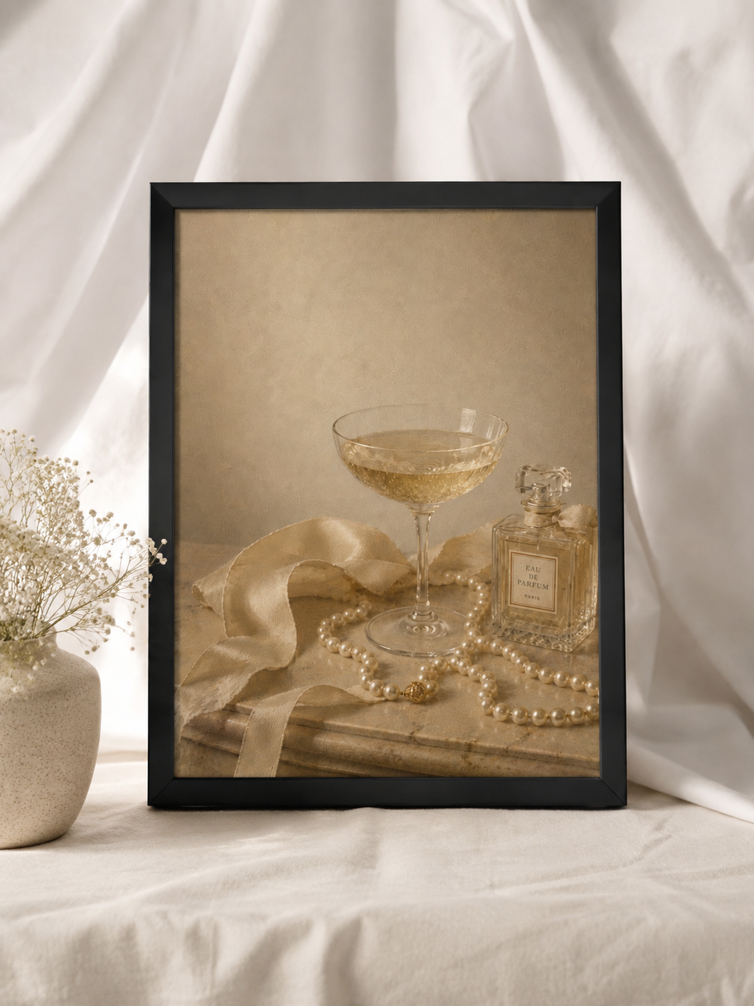 Champagne, Pearls & Perfume Framed Print | Elegant Vanity Wall Art | Ayous Wood Frame