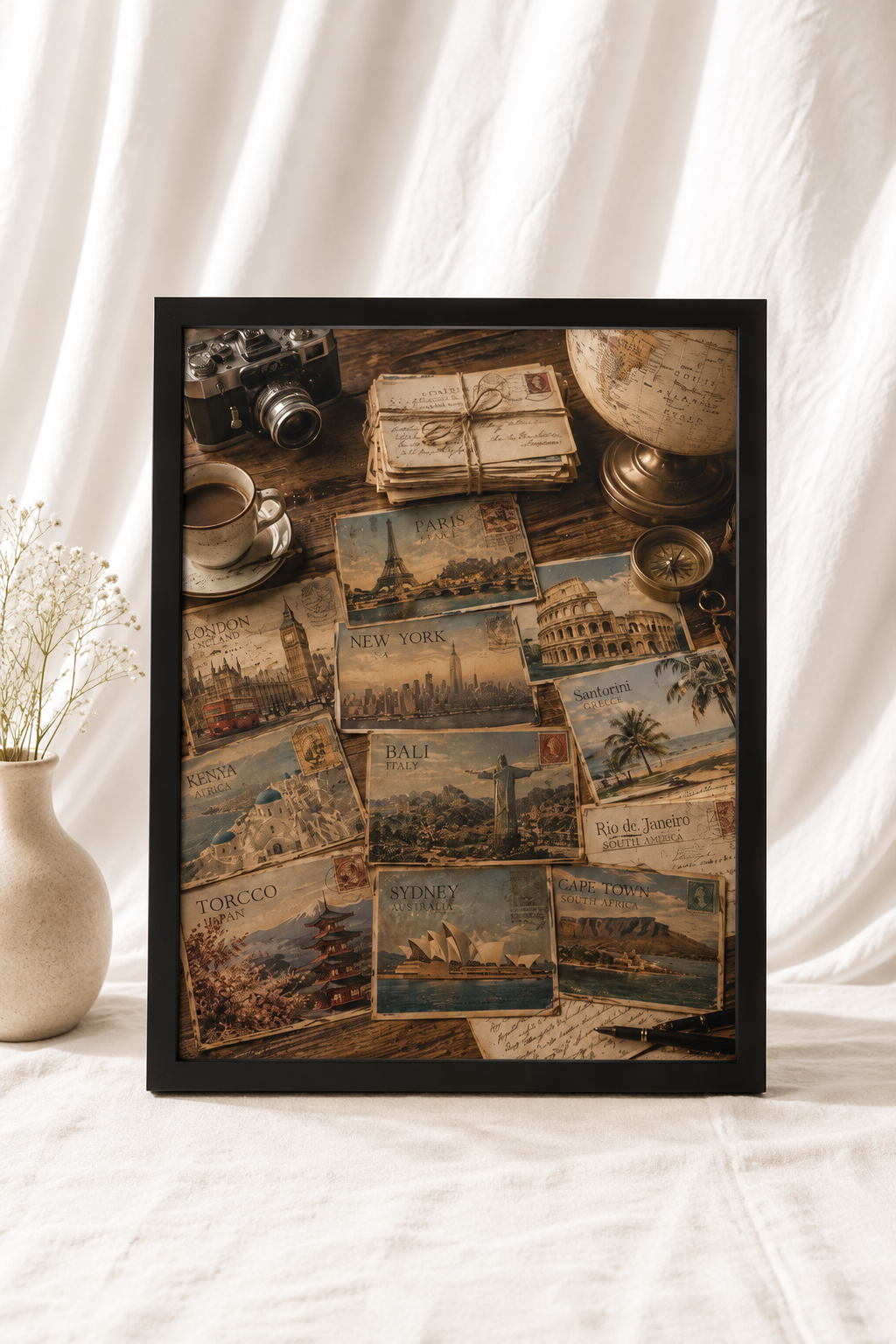 Vintage Travel Postcards Framed Print | World Cities Gallery Wall Art | Ayous Wood Frame
