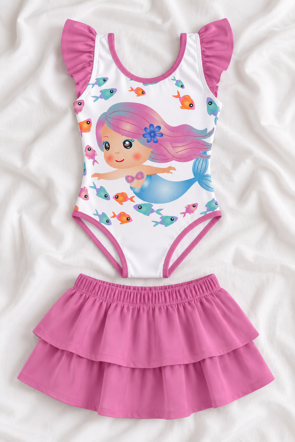 Purple Mermaid Girls’ Ruffle Swimsuit & Skirt Set – Kids Mermaid Swimwear